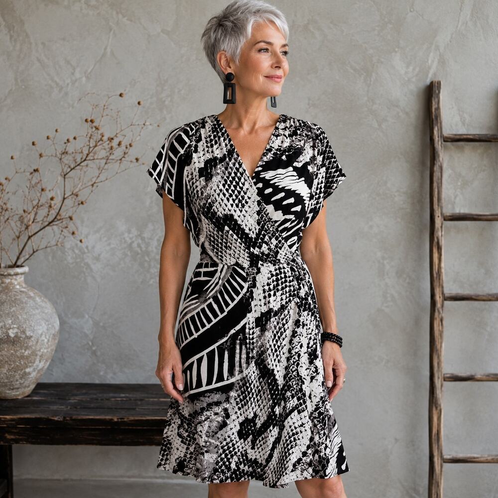 Chico's Black & White Knit  Faux Wrap Dress size 1